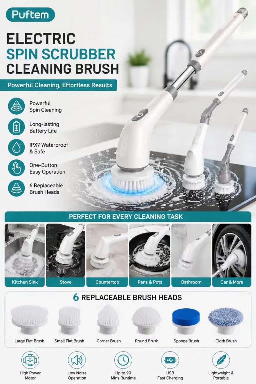 Electric Spin Scrubber – Cordless Rechargeable Cleaning Brush for Bathroom, Kitchen & Tiles FREE SHIPPING